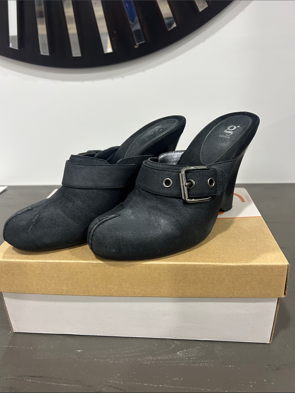 Black Women's Mule Heels with Decorative Buckle